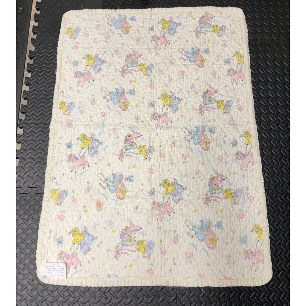 Quiltex Baby Blanket Infant White 1950s Vintage Poodle Print Quilted Ruffle READ